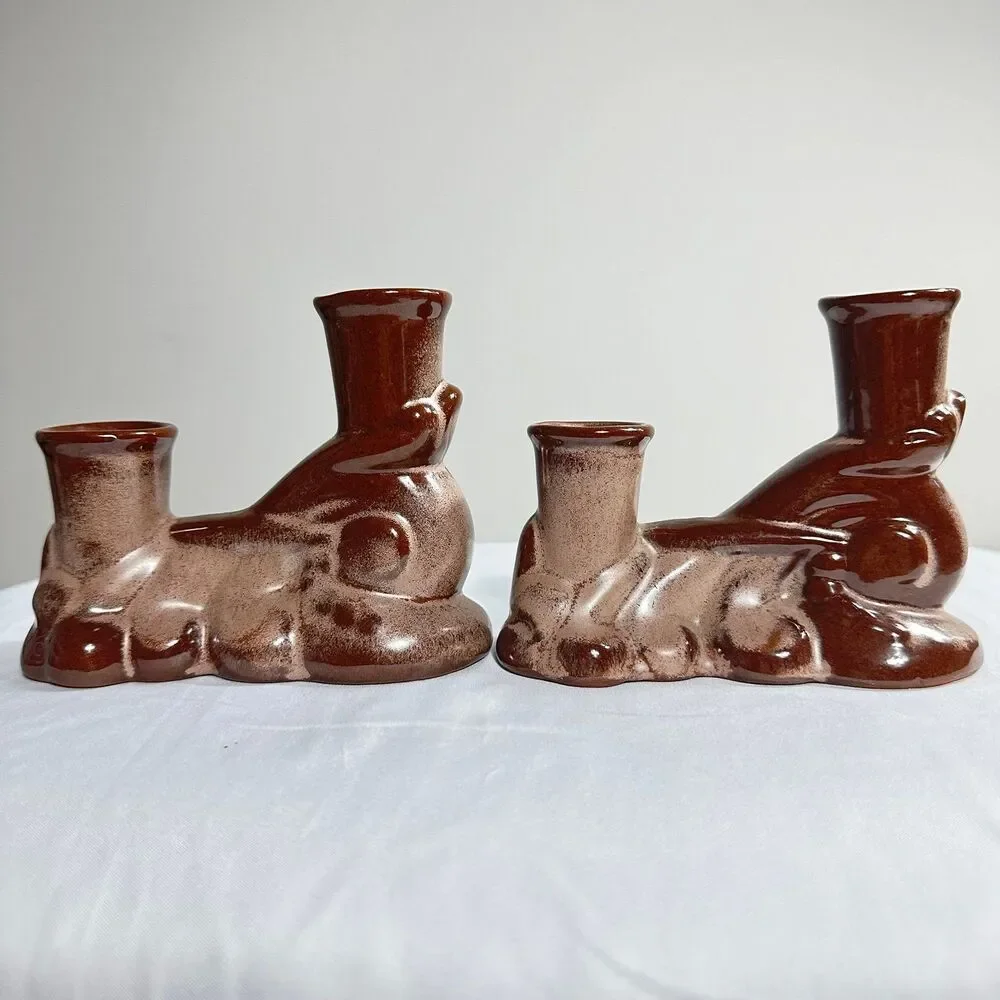 Frankoma Vintage Ceramic 304 Prairie Brown Double Candle Holder Set Of 2